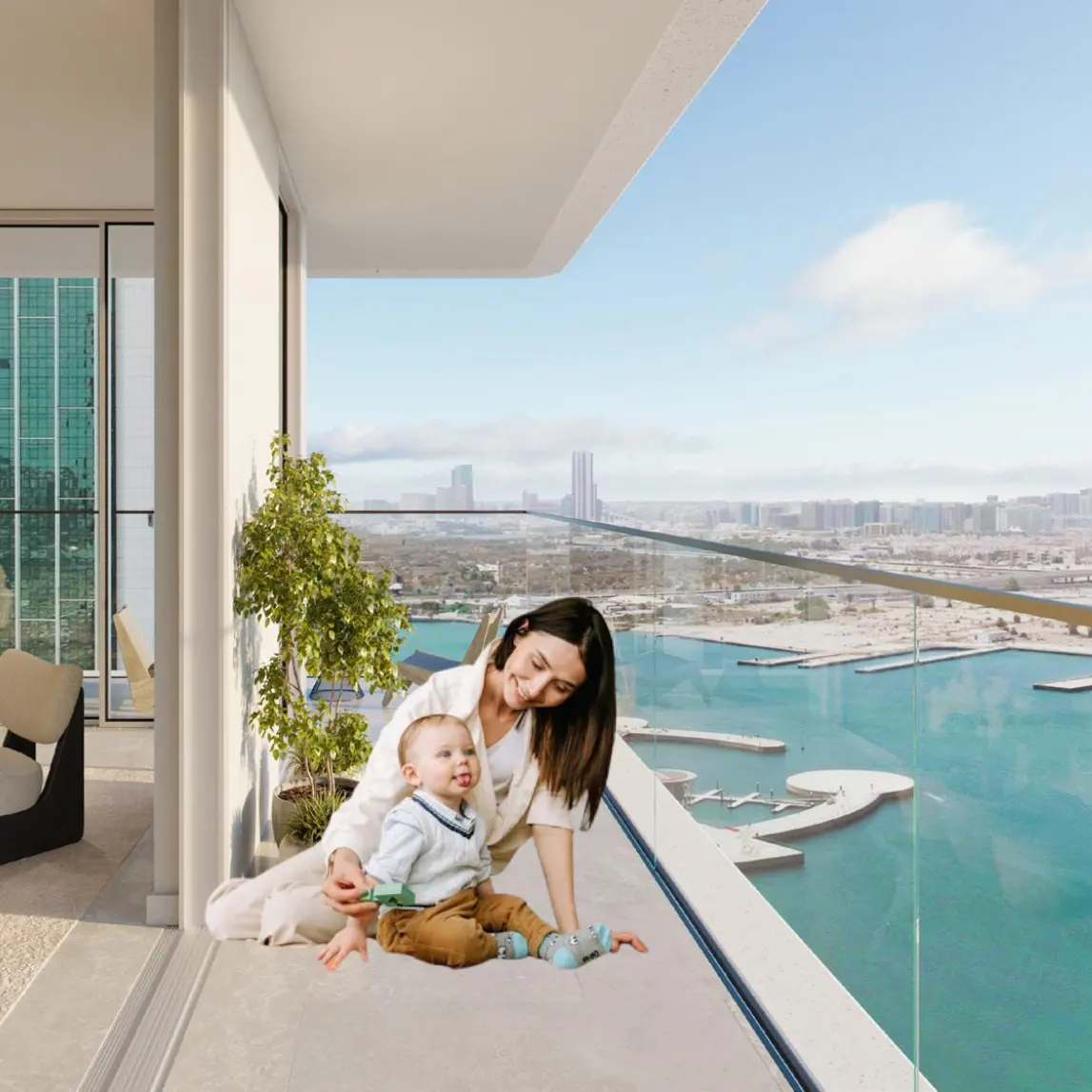 woman and child playing at balcony in Muheira Maysan
